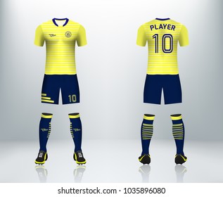 3D realistic of front and back of yellow soccer jersey t-shirt with pants and socks on shop backdrop. Concept for soccer team uniform or football apparel mockup template in vector illustration
