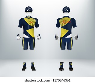 3D Realistic Of Front And Back Of Yellow Cycling Jersey T Shirt With Pants And Helmet On Shop Backdrop. Concept For Fashion Of Bicycle Uniform Or Apparel Mockup Template In Vector Illustration