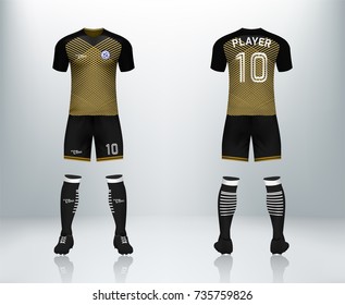 3D realistic of front and back of yellow soccer jersey t-shirt with pants and socks on shop backdrop. Concept for soccer team uniform or football apparel mockup template in vector illustration