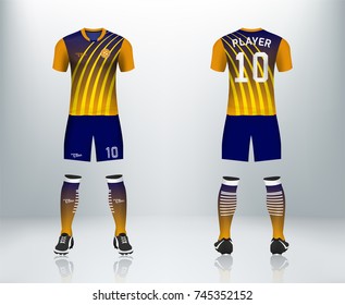 3D realistic of front and back of yellow soccer jersey t-shirt with pants and socks on shop backdrop. Concept for soccer team uniform or football apparel mockup template in vector