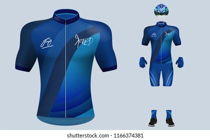 3D Realistic Of Front Of Blue Cycling Jersey T Shirt With Pants And Helmet On Shop Backdrop. Concept For Fashion Of Bicycle Uniform Or Apparel Mockup Template In Vector Illustration