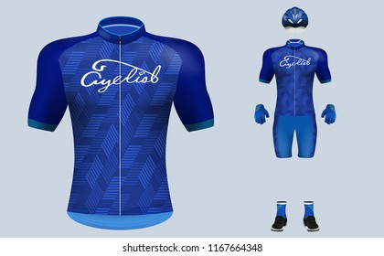 3D Realistic Of Front Of Blue Cycling Jersey T Shirt With Pants And Helmet On Shop Backdrop. Concept For Fashion Of Bicycle Uniform Or Apparel Mockup Template In Vector Illustration