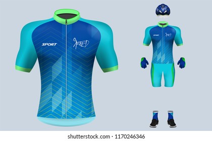 3D Realistic Of Front Of Blue Cycling Jersey T Shirt With Pants And Helmet On Shop Backdrop. Concept For Fashion Of Bicycle Uniform Or Apparel Mockup Template In Vector Illustration