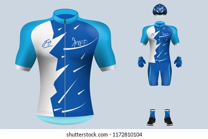 3D Realistic Of Front Of Blue Cycling Jersey T Shirt With Pants And Helmet On Shop Backdrop. Concept For Fashion Of Bicycle Uniform Or Apparel Mockup Template In Vector Illustration