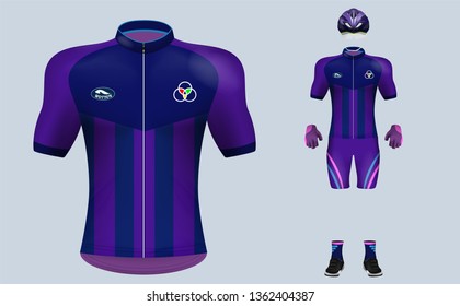 3D realistic of front of blue cycling jersey t shirt with pants and helmet on shop backdrop. Concept for fashion of cyclist uniform or apparel mockup template in vector illustration 