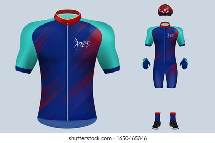 3D Realistic Of Front Of Blue Cycling Jersey T Shirt With Pants And Helmet On Shop Backdrop. Concept For Fashion Of Bicycle Uniform Or Apparel Mockup Template In Vector Illustration