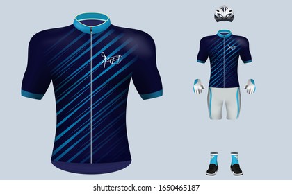 3D realistic of front of blue stripe cycling jersey t shirt with pants and helmet on shop backdrop. Concept for fashion of bicycle uniform or apparel mockup template in vector illustration