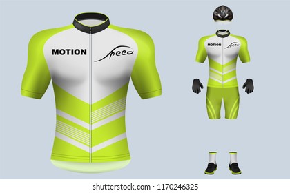 3D realistic of front of green cycling jersey t shirt with pants and helmet on shop backdrop. Concept for fashion of bicycle uniform or apparel mockup template in vector illustration