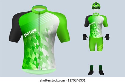 3D Realistic Of Front Of Green Cycling Jersey T Shirt With Pants And Helmet On Shop Backdrop. Concept For Fashion Of Bicycle Uniform Or Apparel Mockup Template In Vector Illustration