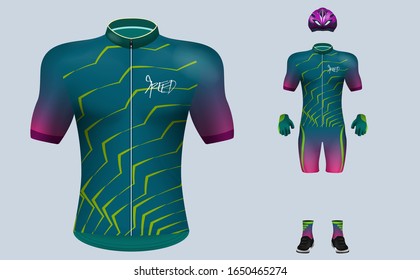 3D Realistic Of Front Of Green Cycling Jersey T Shirt With Pants And Helmet On Shop Backdrop. Concept For Fashion Of Bicycle Uniform Or Apparel Mockup Template In Vector Illustration