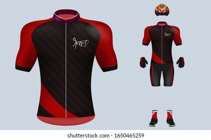 3D Realistic Of Front Of Red And Black Cycling Jersey T Shirt With Pants And Helmet On Shop Backdrop. Concept For Fashion Of Bicycle Uniform Or Apparel Mockup Template In Vector Illustration