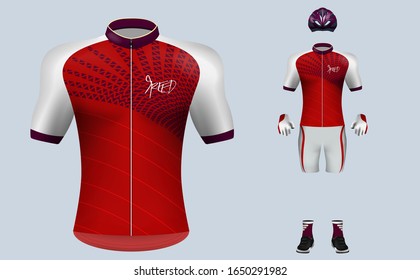 3D Realistic Of Front Of Red Cycling Jersey T Shirt With Pants And Helmet On Shop Backdrop. Concept For Fashion Of Bicycle Uniform Or Apparel Mockup Template In Vector Illustration