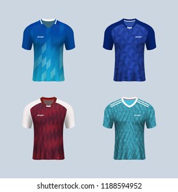 3D realistic of front of set of soccer jersey t-shirt on shop backdrop. Concept for soccer team uniform or football apparel mockup template in vector illustration