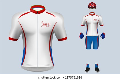 3D Realistic Of Front Of White Cycling Jersey T Shirt With Pants And Helmet On Shop Backdrop. Concept For Fashion Of Bicycle Uniform Or Apparel Mockup Template In Vector Illustration