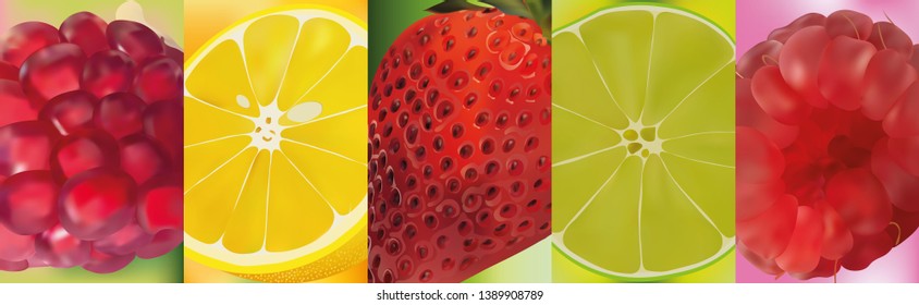 3d realistic fruit, pomegranate, lemon, lime, strawberry, raspberry. Vector graphics. A set of fruits.