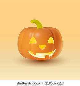 3D realistic funny smiling pumpkin with a cheerful face. Illustration of a cute orange vegetable with inner glow. Isolated vector clipart for Helloween