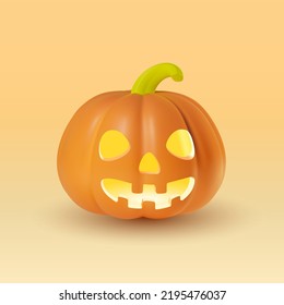 3D realistic funny smiling pumpkin with a cheerful face and a green stalk. Illustration of a cute orange vegetable with inner glow. Isolated vector clipart for Helloween