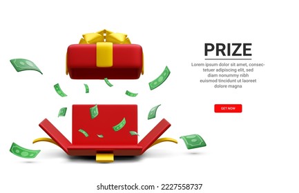 3d realistic gambling game concept with box and money explosion out. Open gift box with paper currency on white background. Win prizes.  Vector illustration