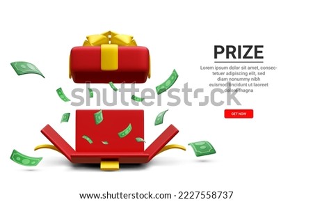 3d realistic gambling game concept with box and money explosion out. Open gift box with paper currency on white background. Win prizes.  Vector illustration