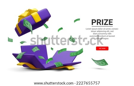 3d realistic gambling game concept with box and money explosion out. Open gift box with paper currency on white background. Win prizes.  Vector illustration