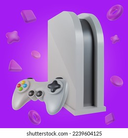 3d realistic game console with controller in minimal funny cartoon style. Modern design element on bright background with geometric shapes. Vector illustration or icon gamepad.