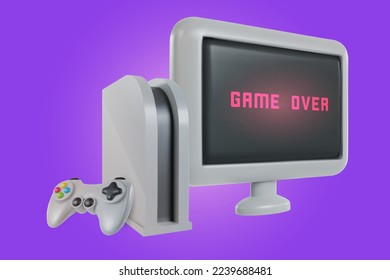 3d realistic game console with controller and monitor or tv screen in minimal funny cartoon style. Modern design element on color background. Vector illustration or icon gamepad.