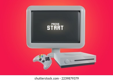 3d realistic game console with controller and monitor or tv screen in minimal funny cartoon style. Modern design element on color background. Vector illustration or icon gamepad.