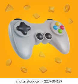 3d realistic game controller with geometric shapes in minimal funny cartoon style. Modern design element on color background. Vector illustration or icon gamepad.