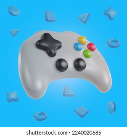 3d realistic game controller with geometric shapes in minimal funny cartoon style. Modern design element on color background. Vector illustration or icon gamepad.