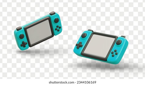 3d realistic game handheld console in different positions for gamers. Device for playing game from home and outside concept. Vector illustration in blue colors