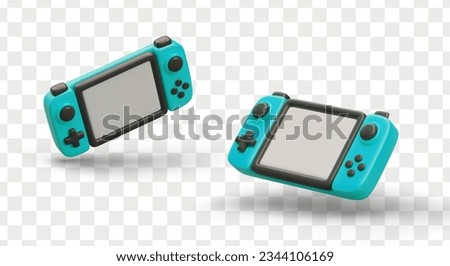 3d realistic game handheld console in different positions for gamers. Device for playing game from home and outside concept. Vector illustration in blue colors