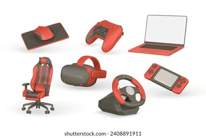 3.ª gama realista de accesorios y equipos de juego. Gafas VR, laptop, volante, almohadilla de juego, audífonos. Ilustración vectorial.