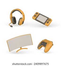 3d realistic gamer accessories and equipment set. Monitor, headphones, game pad. Vector illustration.