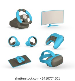 3.ª gama realista de accesorios y equipos de juego. Gafas VR, laptop, volante, almohadilla de juego, audífonos. Ilustración vectorial.