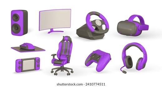 3.ª gama realista de accesorios y equipos de juego. Monitor, altavoz, volante, ratón, auriculares, silla, gafas VR, almohadilla de juego. Ilustración vectorial.