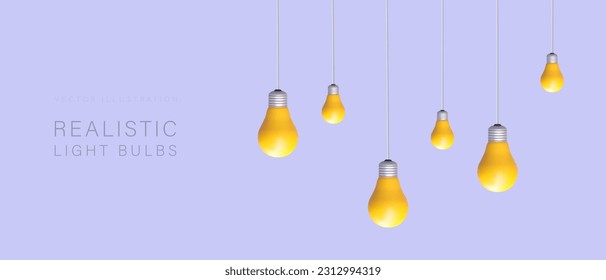 3d realistic garland of lamps in different sizes. Colorful web poster for store selling bulbs and place for text. Indoor lighting concept. Vector illustration in purple and yellow colors