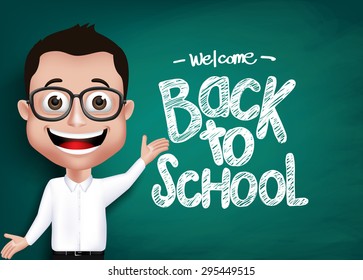 3D Realistic Genius Student or Professor With Eyeglass Happy Teaching in Front of Blackboard With Back to School Text Written. Vector Illustration