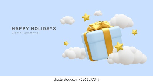 3d caja de regalo realista alrededor de nubes y estrellas. Cartel, afiche, sitio web o tarjeta de saludo para el concepto de fiestas felices. Ilustración del vector