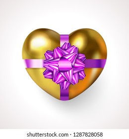 3D Realistic Gift Box in a Gold Heart shape. Glamour Saint Valentine's holiday, Wedding, Love, Women, Mother's Day, Birthday web digital symbol isolated on light background. Top view Vector