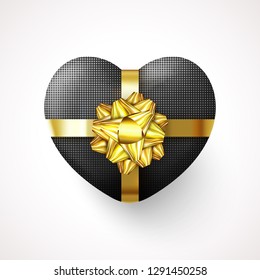 3D Realistic Gift Box in a Heart shape with halftone effect. St Valentine's holiday, Wedding, Love, Women, Father's Day, Birthday web symbol isolated on light background. Top view Vector Illustration