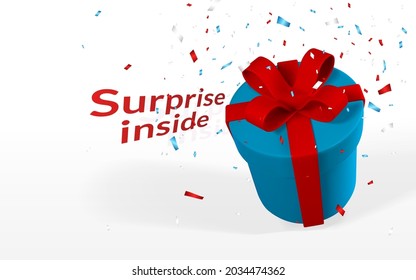 3D realistic gift box with red bow. Paper box with ribbon, shadow and confetti isolated on white background. Vector illustration.
