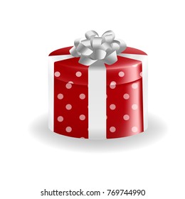 3d realistic gift box with white bow. Vector illustration of a red box in polka dots.