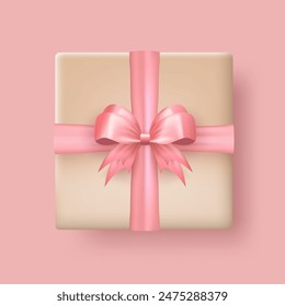 3d realistic gift box wrapped in craft paper and tied with pink silk bow top view. Three dimensional cute present package with crossed ribbon isolated on transparent background view from above