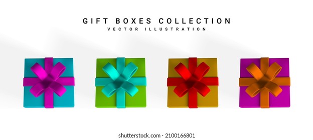 3D realistic gift boxes with bow top view. Red paper box with white ribbon and shadow isolated on white background. Vector illustration.