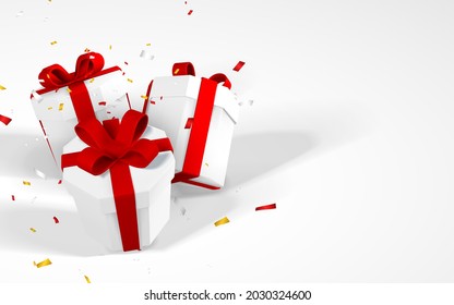3D realistic gift boxes with red bow. Paper box with red ribbon and shadow isolated on white background. Vector illustration.