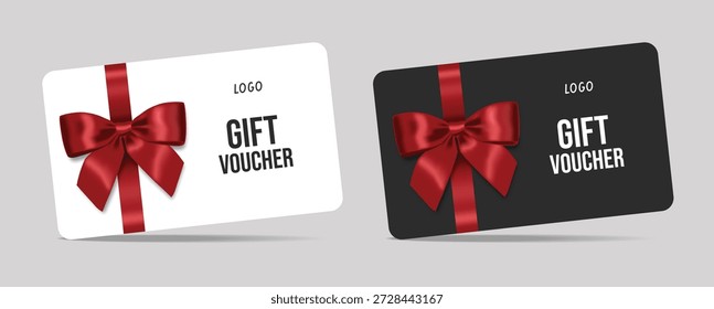 3d realistic gift cards with a ribbon bow. Gift Certificate Template, Sale Card, Birthday, Christmas