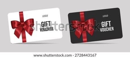 3d realistic gift cards with a ribbon bow. Gift Certificate Template, Sale Card, Birthday, Christmas