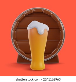 3d realistic glass of beer with wood barrel isolated on color background. Set design elements in minimal cartoon glossy style. Vector illustration.