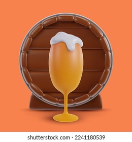 3d realistic glass of beer with wood barrel isolated on color background. Set design elements in minimal cartoon glossy style. Vector illustration.