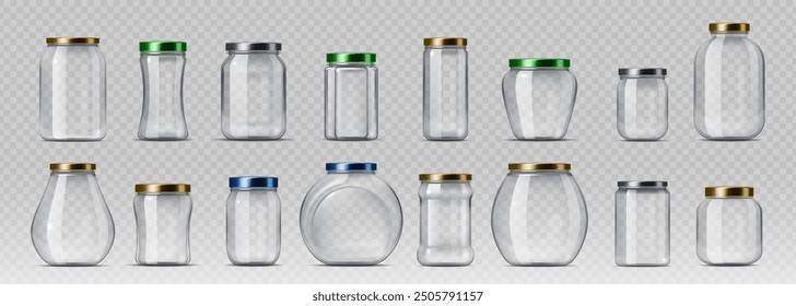 3d realistic glass jars with lids vector package mockups for food preservation, canning and storage. Empty clear bottle containers, transparent pots with metal screw caps, varying in sizes and shapes